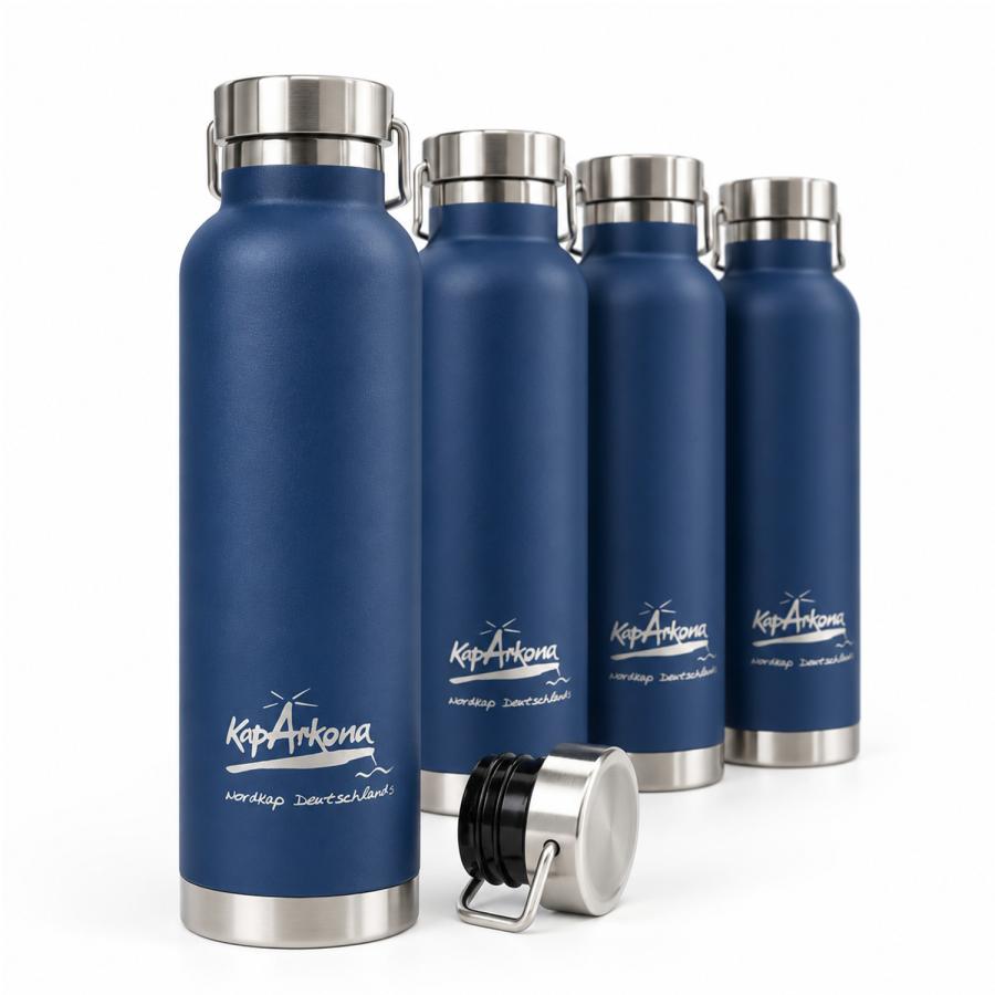 Dunkelblaue Thermoflasche aus Edelstahl mit Logo-Gravur als Referenzbeispiel