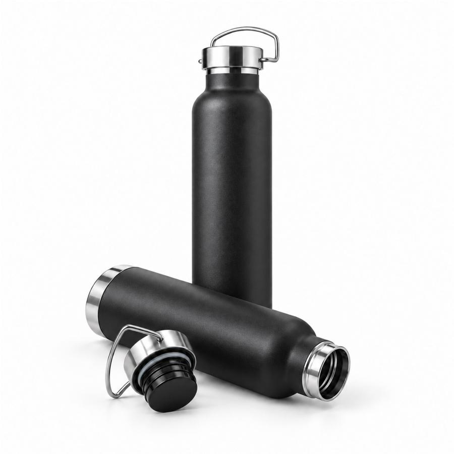 Schwarze Thermoflasche aus Edelstahl 650 ml mit Edelstahlverschluss