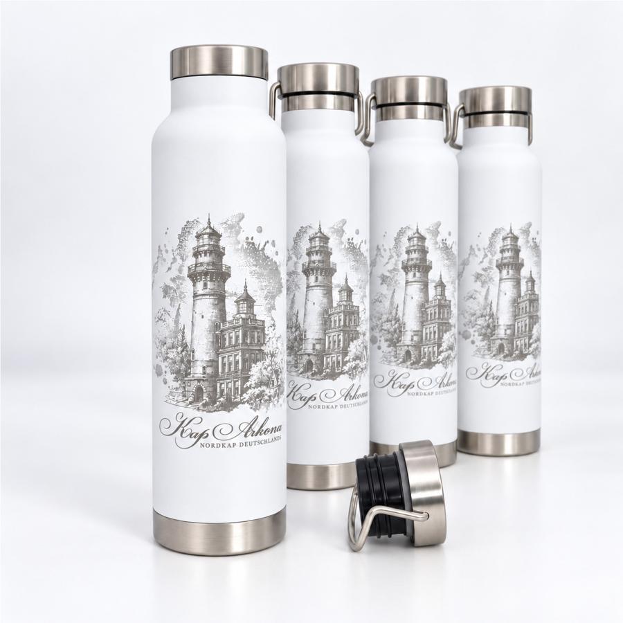 Weiße Thermoflasche aus Edelstahl mit großflächiger Logo-Gravur als Referenzbeispiel