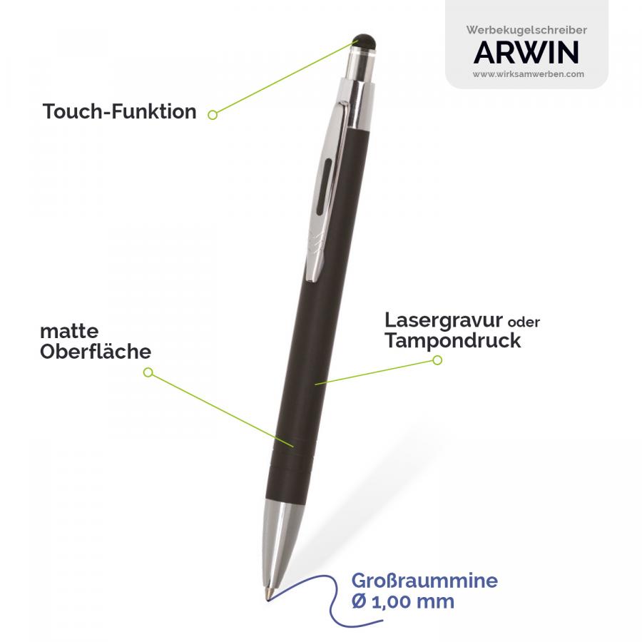 Detailansicht des ARWIN Touchpen - Entdecken Sie die matte Metalloberflche und individuelle Gravur- oder Tampon-Druckoptionen fr Ihr Unternehmenslogo.