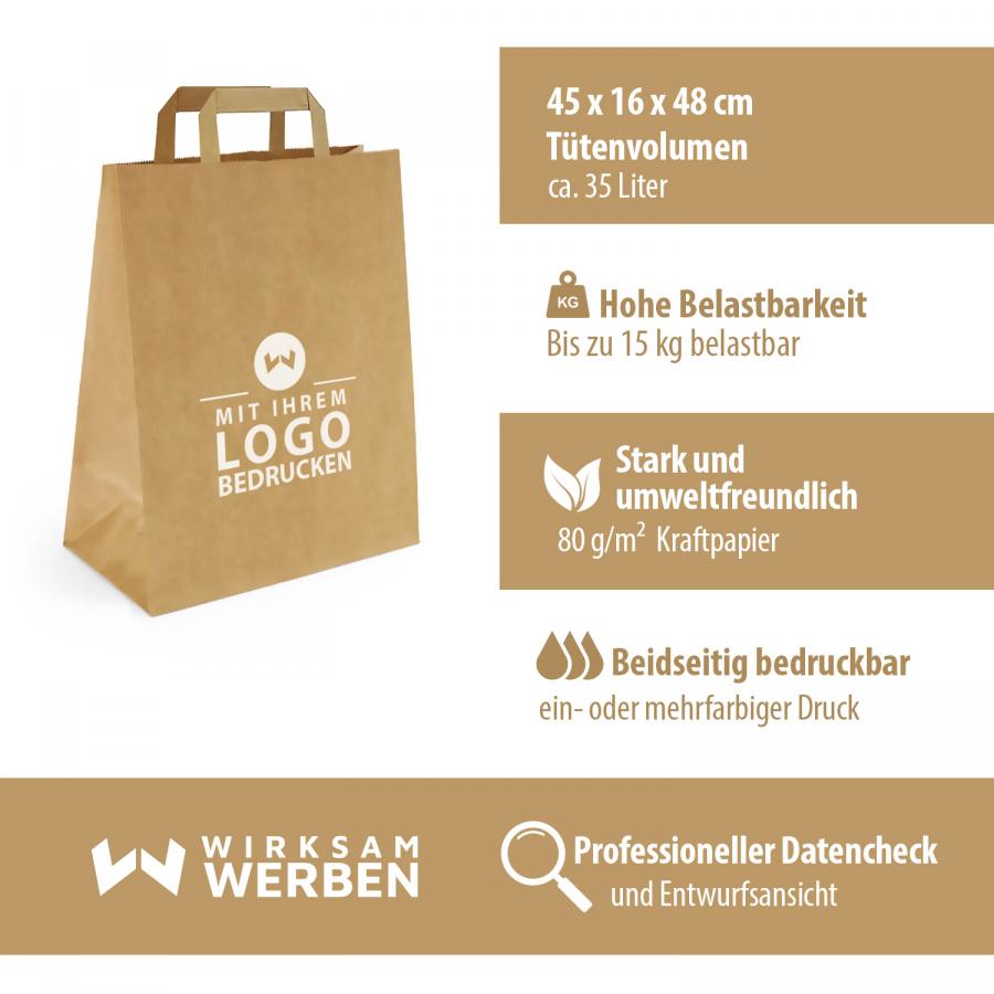 Artikeldetails der Tragetaschen Papier braun günstig mit flachem Henkel, 45x16x48 cm Größe, Volumen ca. 35 Liter, aus robustem 90 g/m² Kraftpapier, flacher Henkel, beidseitig individuell bedruckbar