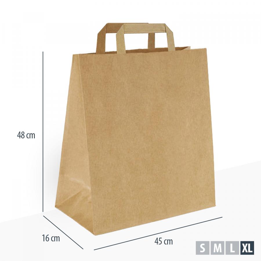 Unbedruckte Tragetaschen Papier braun günstig mit flachem Henkel, Maße 45x16x48 cm