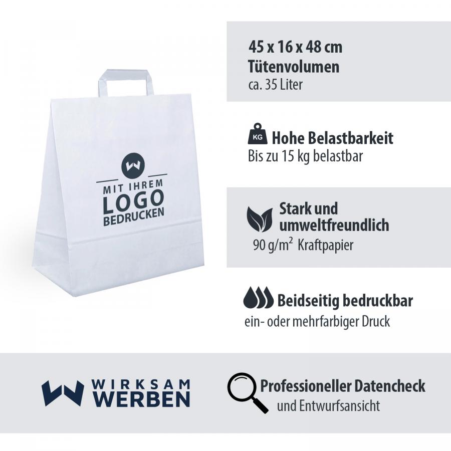 Produktdetails der Tragetaschen Papier weiß XL, 90?g/m² Kraftpapier, Volumen 35?Liter

