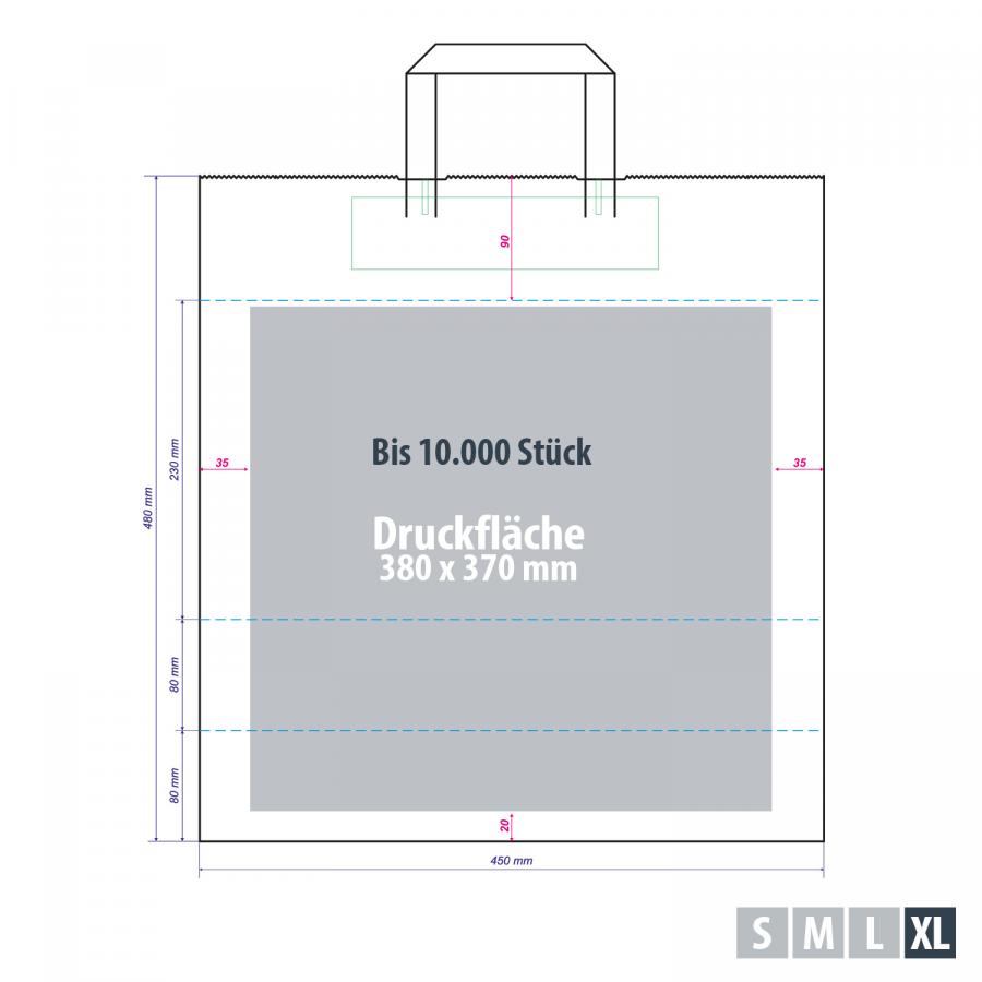 Tragetasche Papier weiß XL mit individueller Bedruckung, Druckbereich Kleinserie 380?x?370?mm
