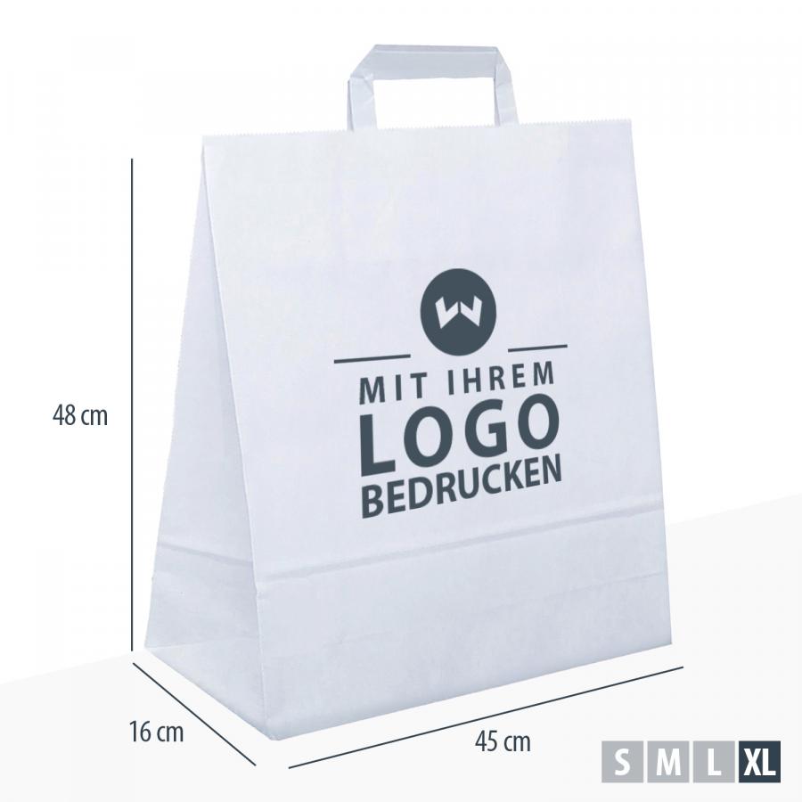 Tragetaschen Papier weiß XL mit flachem Henkel und individuell bedruckbarem Logo
