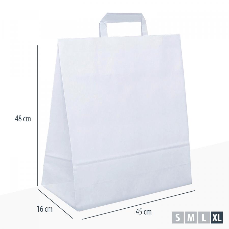 Große Tragetasche aus weißem Papier mit flachem Henkel, 35?Liter Volumen, Maße 45?x?16?x?48?cm
