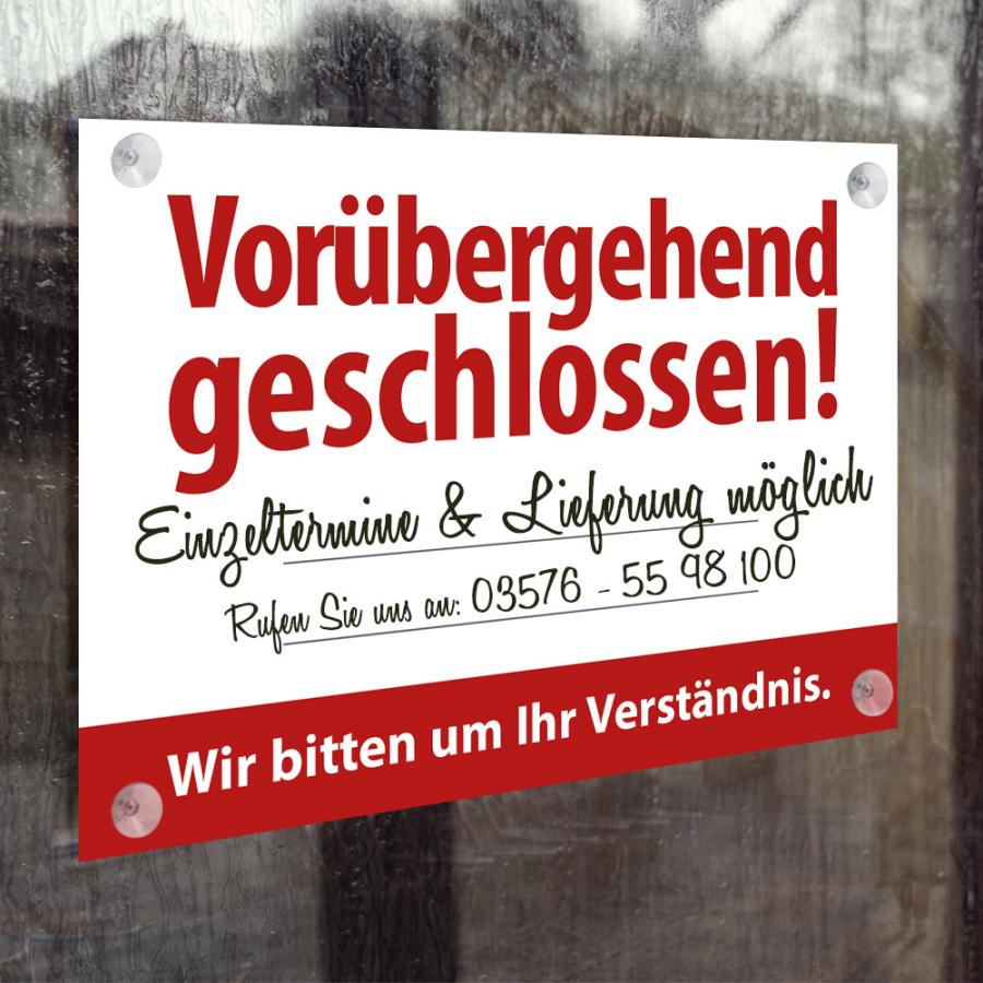 Geschlossen-Schild beschriftet: Einzeltermine und Lieferung mglich