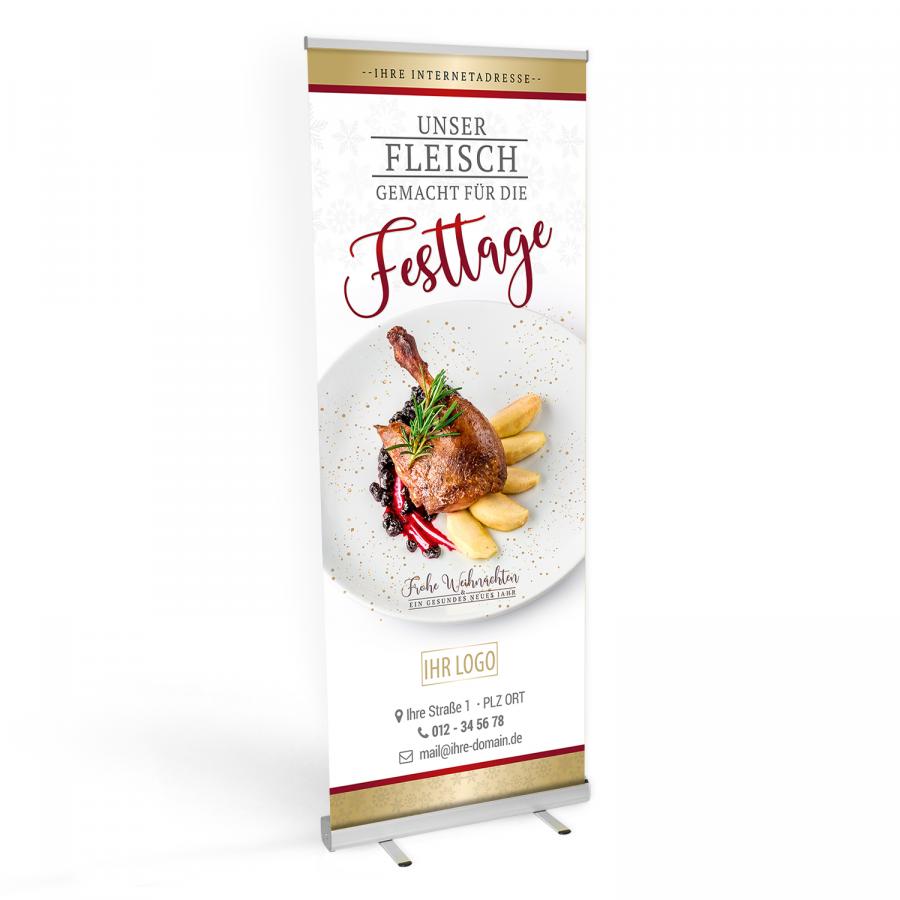 Roll-up Banner für Metzgereien mit Weihnachtsmotiv – Enten- & Gänsekeule perfekt präsentiert