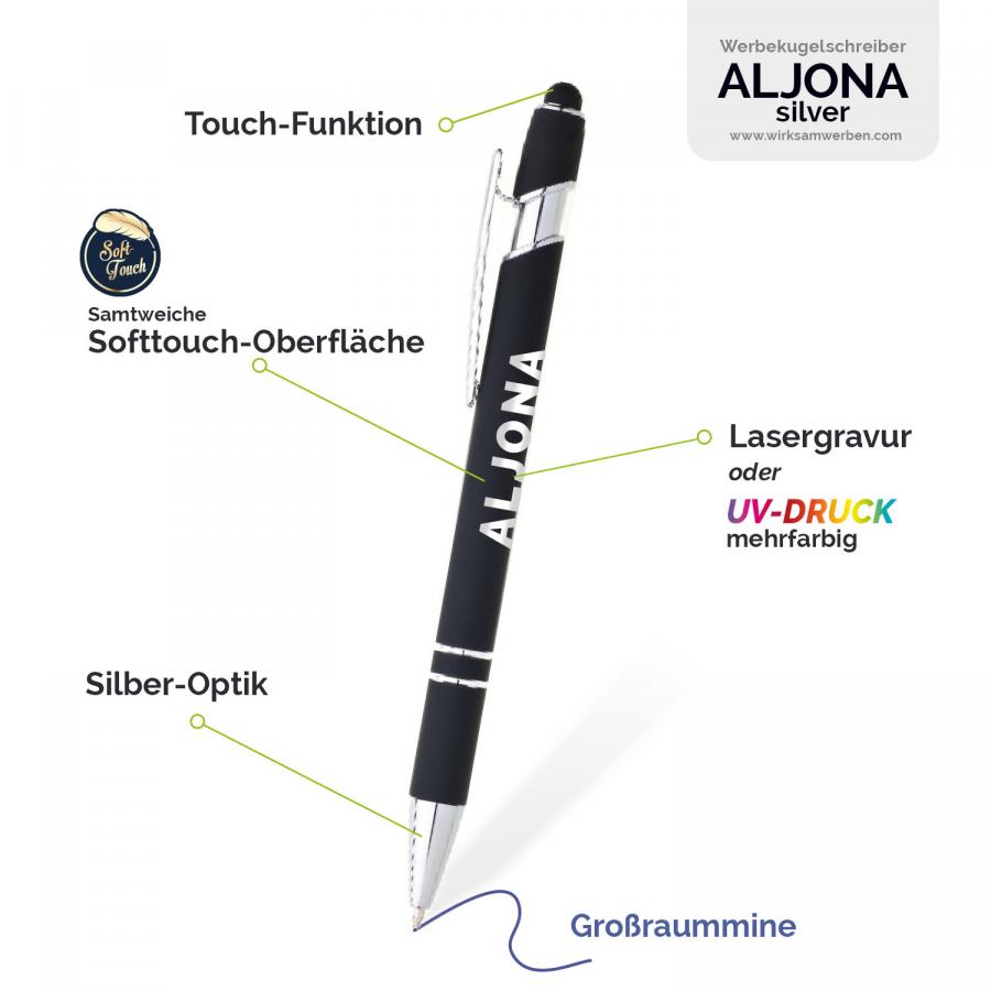 Werbekugelschreiber bestellen – ALJONA Silver mit Touch-Funktion, Softtouch-Oberfläche und Silber-Optik