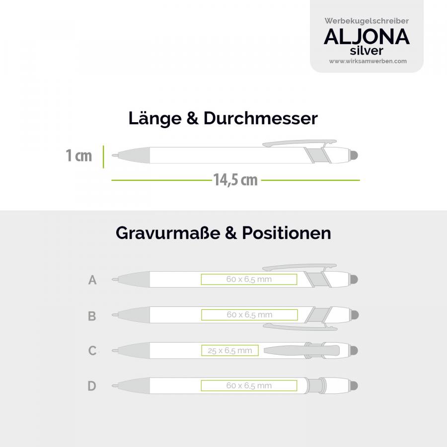 Werbekugelschreiber bestellen – ALJONA Silver mit Gravurmaßen und Positionen, Länge 14,5 cm, individuelle Personalisierung