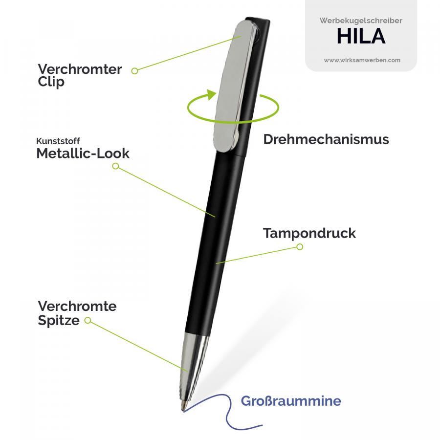 Werbekugelschreiber HILA Detailansicht: Metallic-Look, verchromter Clip, und Drehmechanismus