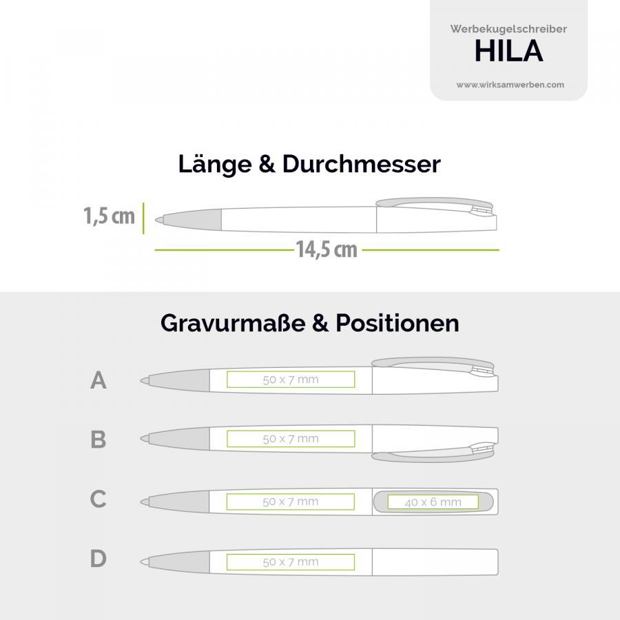 Gravurmaße und Positionen für den Werbekugelschreiber HILA mit verchromtem Clip