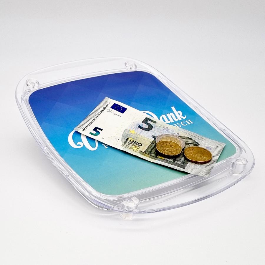 Zahlteller, Kassierteller auf dem Bargeld und Münzen abgelegt werden