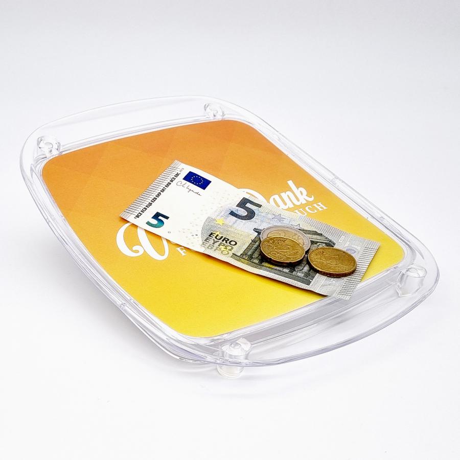 Zahlteller, Kassierteller auf dem Bargeld und Münzen abgelegt werden