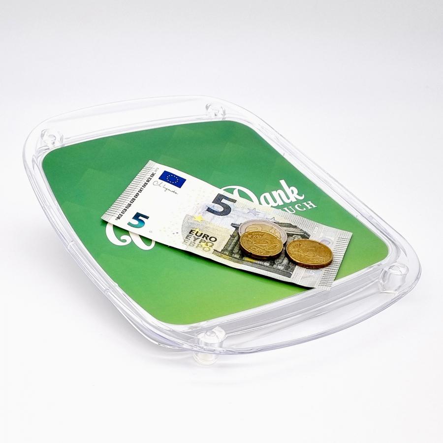 Zahlteller, Kassierteller auf dem Bargeld und Münzen abgelegt werden