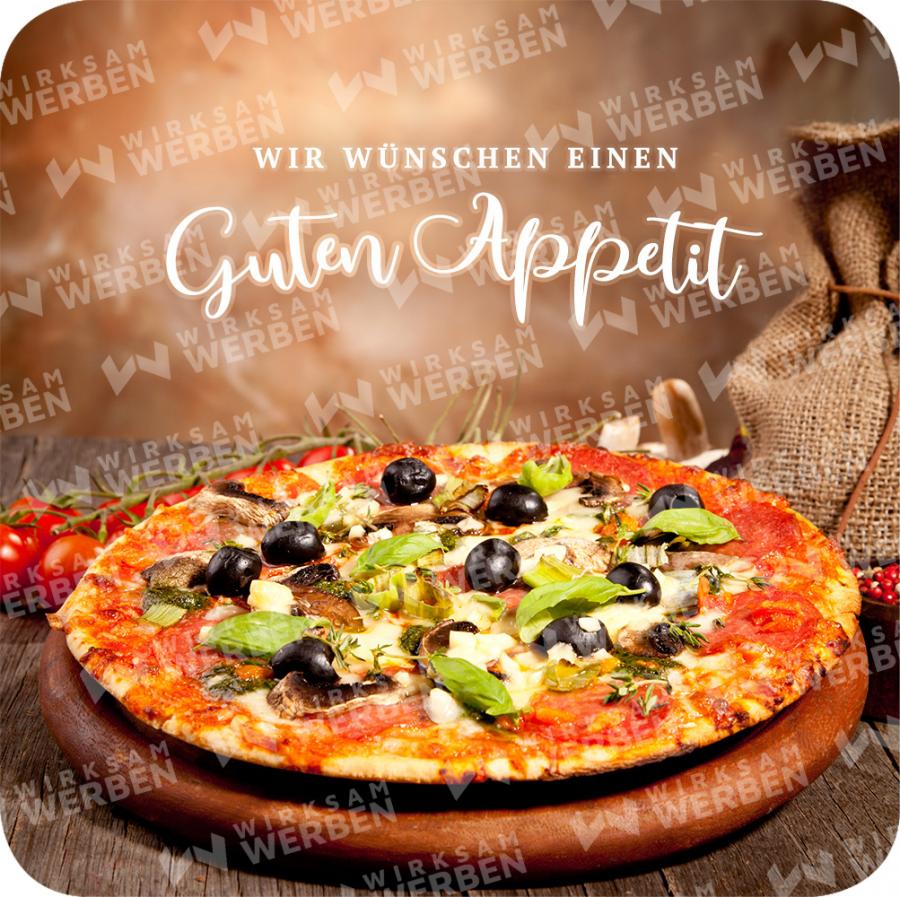 Zahlteller mit Werbedruck fr Pizzeria & Lieferdienste. Passendes Motiv fr Pizzadienste & Pizzaservice.