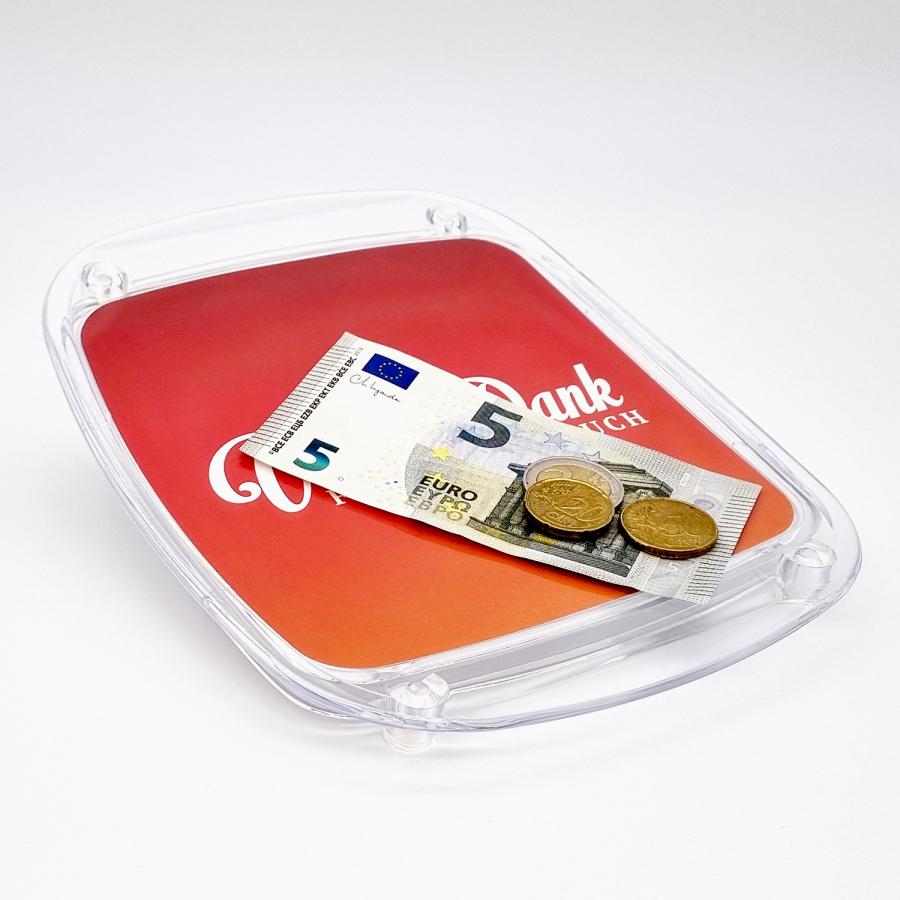 Zahlteller, Kassierteller auf dem Bargeld und Münzen abgelegt werden