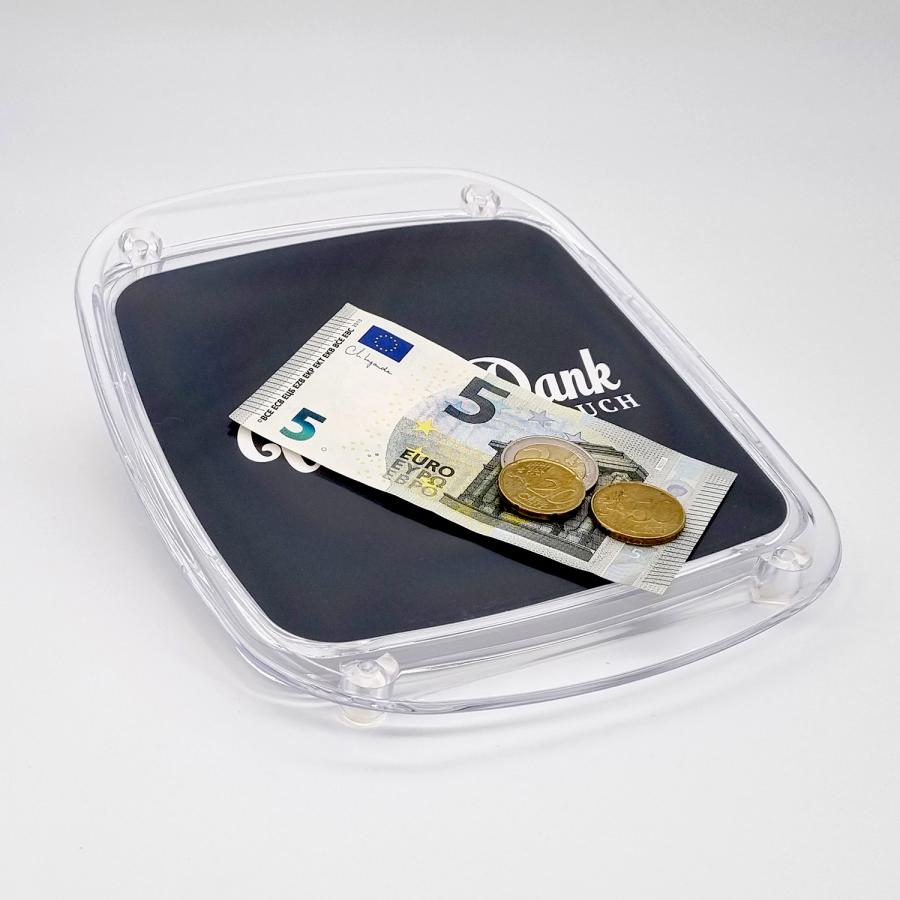 Zahlteller, Kassierteller auf dem Bargeld und Münzen abgelegt werden