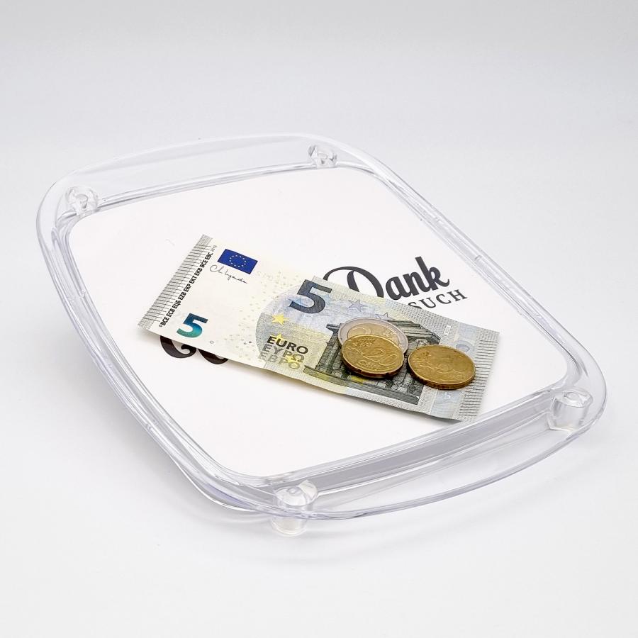 Zahlteller, Kassierteller auf dem Bargeld und Münzen abgelegt werden