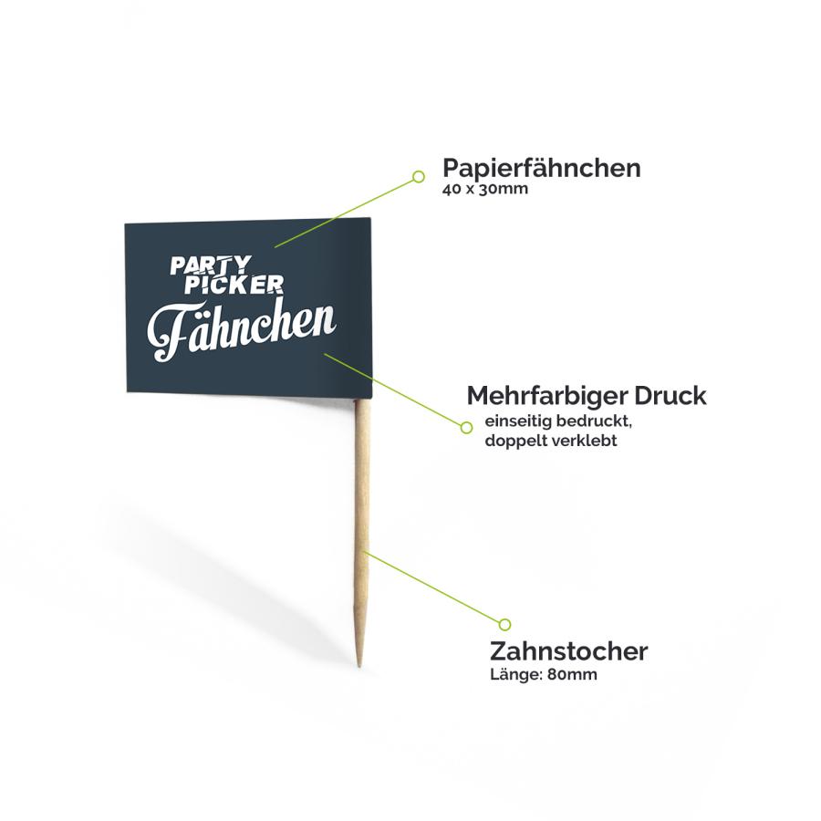 Zahnstocherfähnchen mit Logo: Papierfähnchen 40×30 mm, Holzpicker 80 mm – einseitig bedruckt, doppelt verklebt