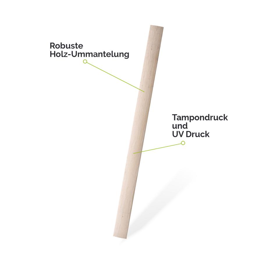 Detailansicht Zimmermannsbleistift mit Hinweis auf Druckfläche und Material