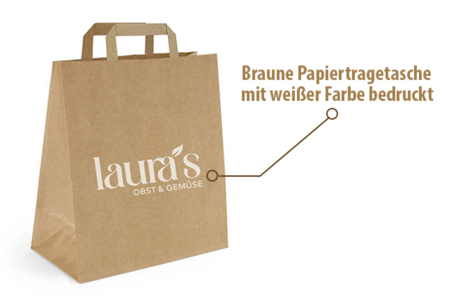 Eine braune Papiertragetasche mit weiem Logo bedruckt