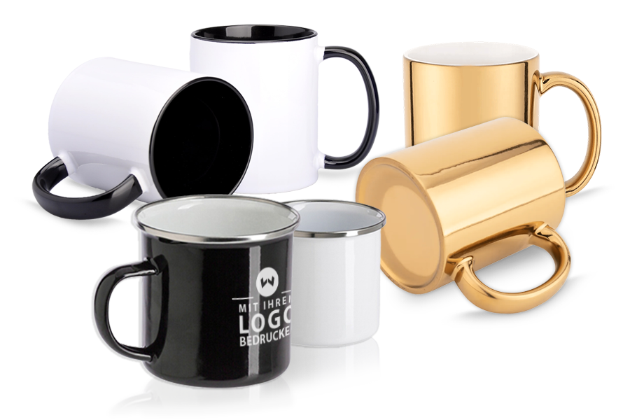 Tassen bedrucken – Günstige personalisierte Werbetassen online bestellen in verschiedenen Designs: Emaille-, Keramik- und goldene Tassen