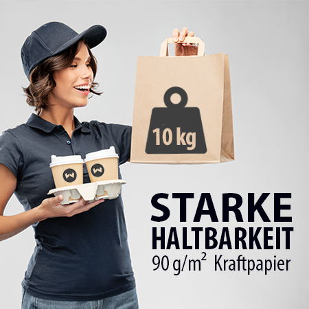 Die Verkaufsexpertin testet mit einem Gewicht von 10 kg die Haltbarkeit einer braunen Papiertragetasche aus Kraftpapier. Sie lchelt ber die Stabilitt der Tasche und zeigt damit die hohe Qualitt des Produkts.