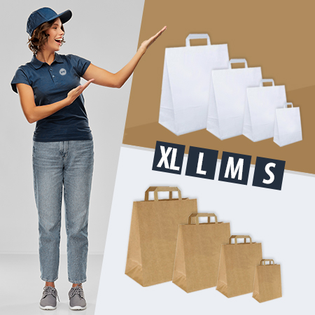 Eine Verkaufsexpertin prsentiert braune und weie Papiertragetaschen in unterschiedlichen Gren.