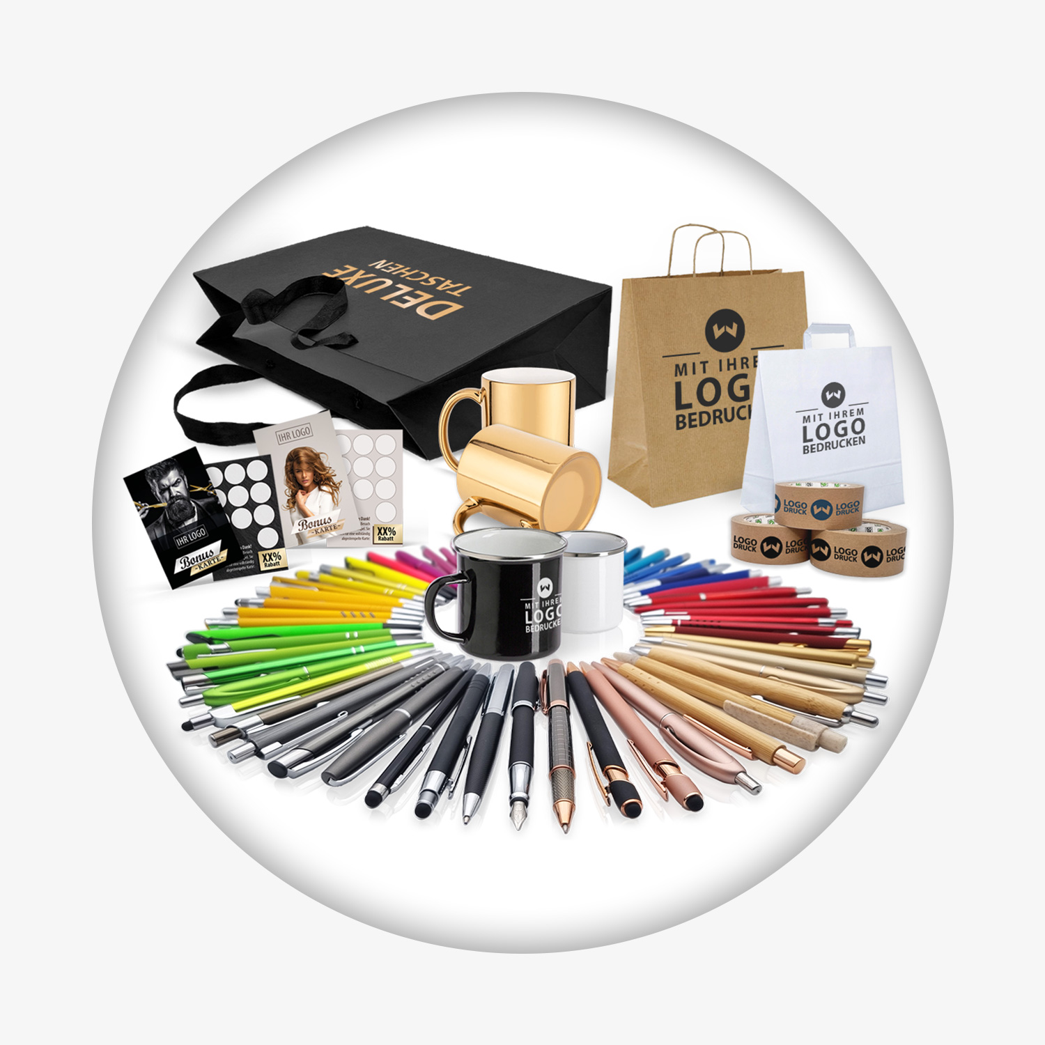 Werbeartikel und Druckprodukte: Bonuskarten, bedruckte Tassen, Kugelschreiber, Papiertragetaschen und Klebebänder mit Logo – vielfältige Auswahl